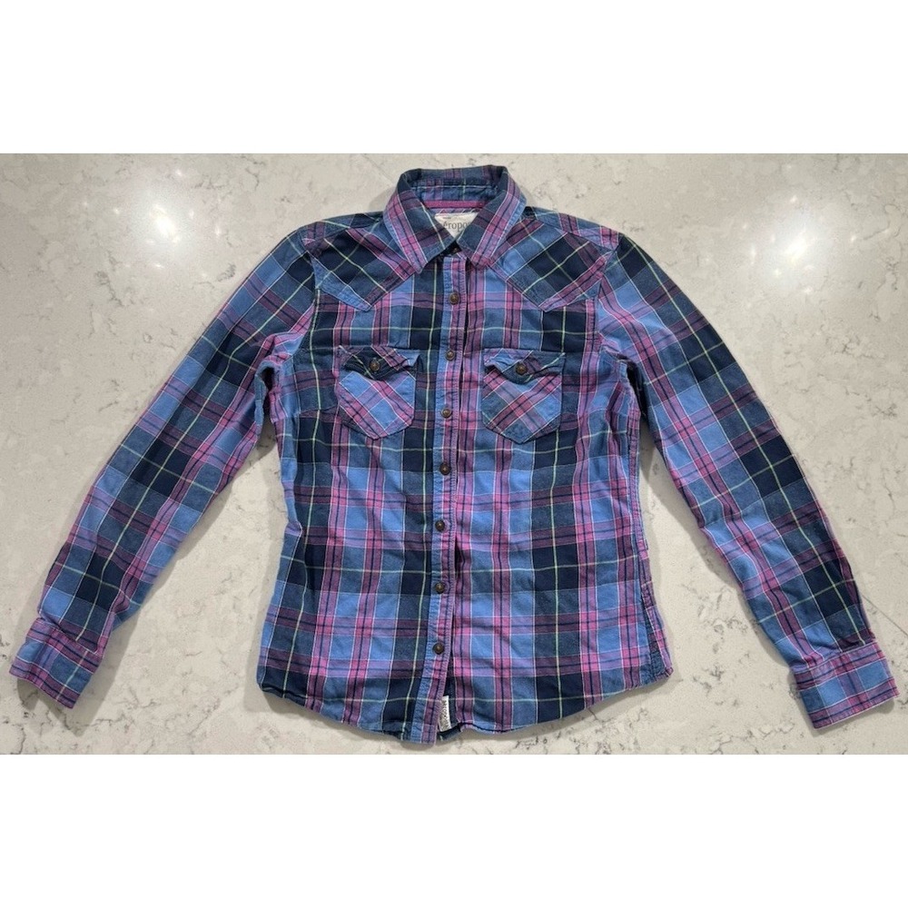 Aeropostale Shirt Womens Small Blue Pink Plaid Long Sleeve Button Up Preppy Y2K